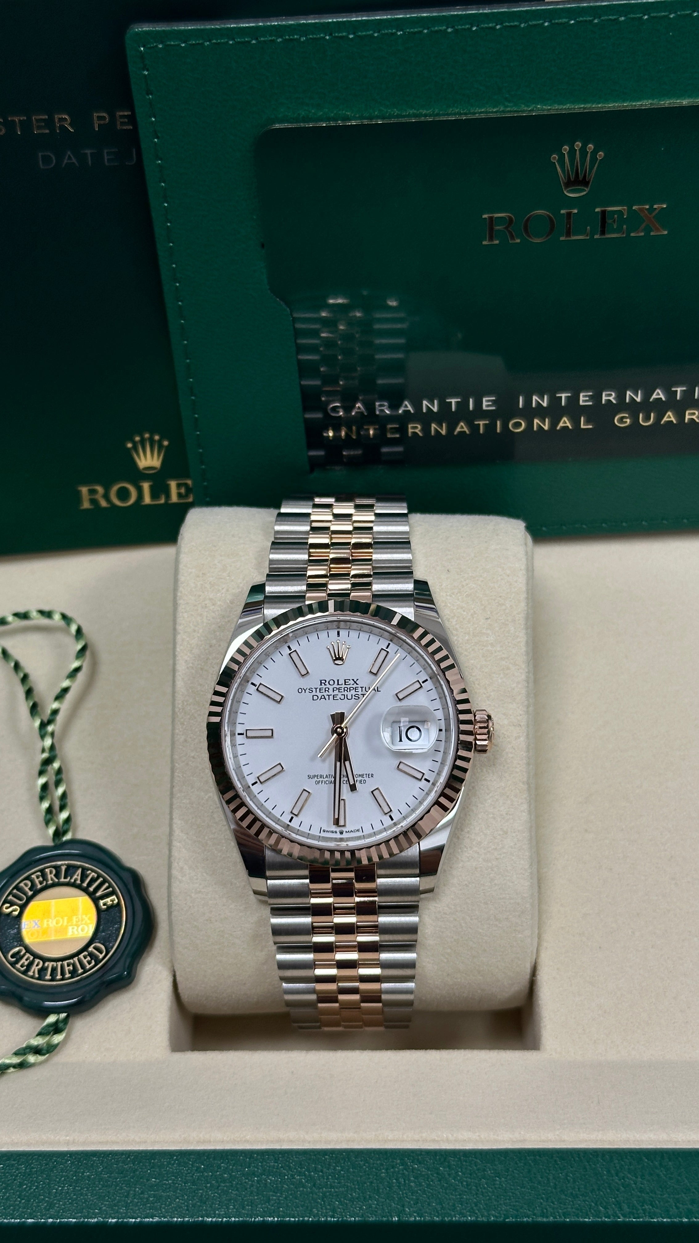 Rolex Datejust 36mm Two-Tone Everose Gold White Index Dial Fluted Bezel Jubilee