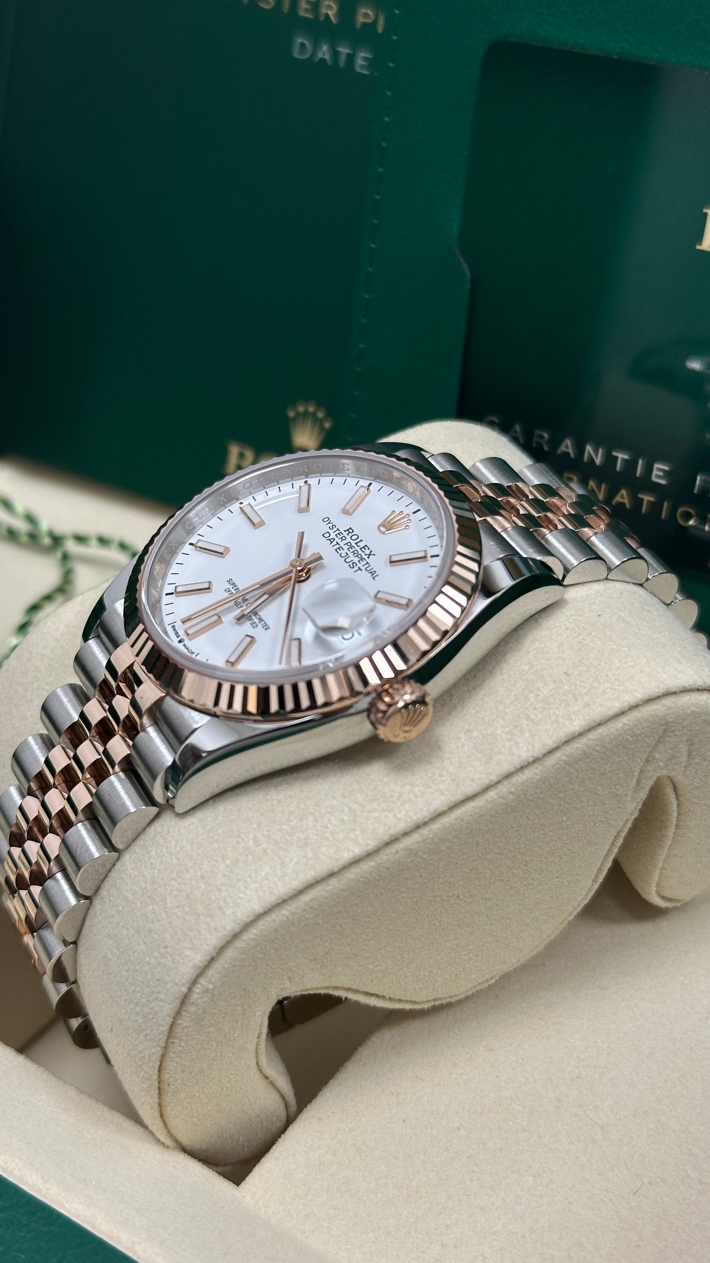 Rolex Datejust 36mm Two-Tone Everose Gold White Index Dial Fluted Bezel Jubilee