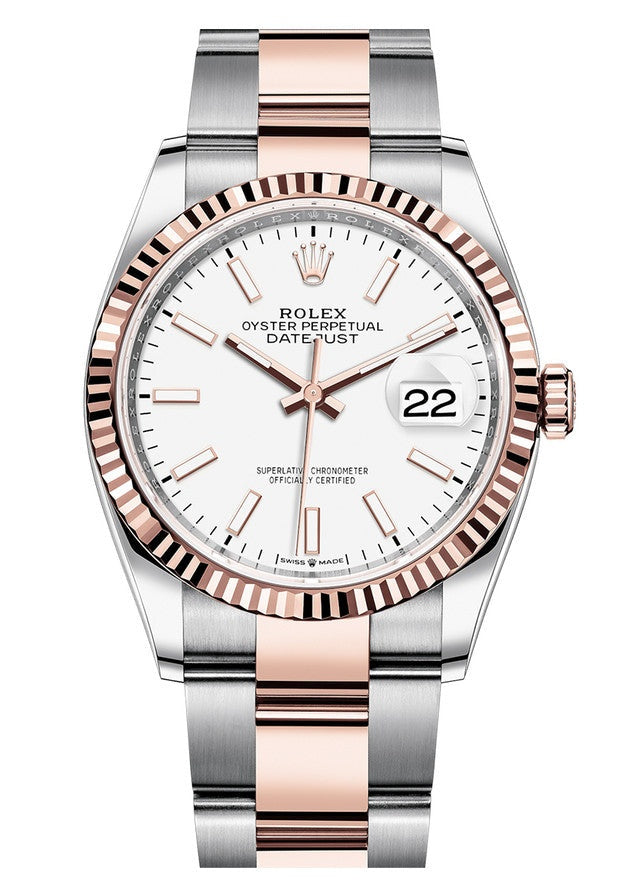 Rolex Datejust 36mm Two-Tone Everose Gold White Index Dial Fluted Bezel Oyster