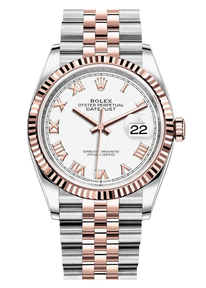 Rolex Datejust 36mm Two-Tone Everose Gold White Roman Dial Fluted Bezel Jubilee