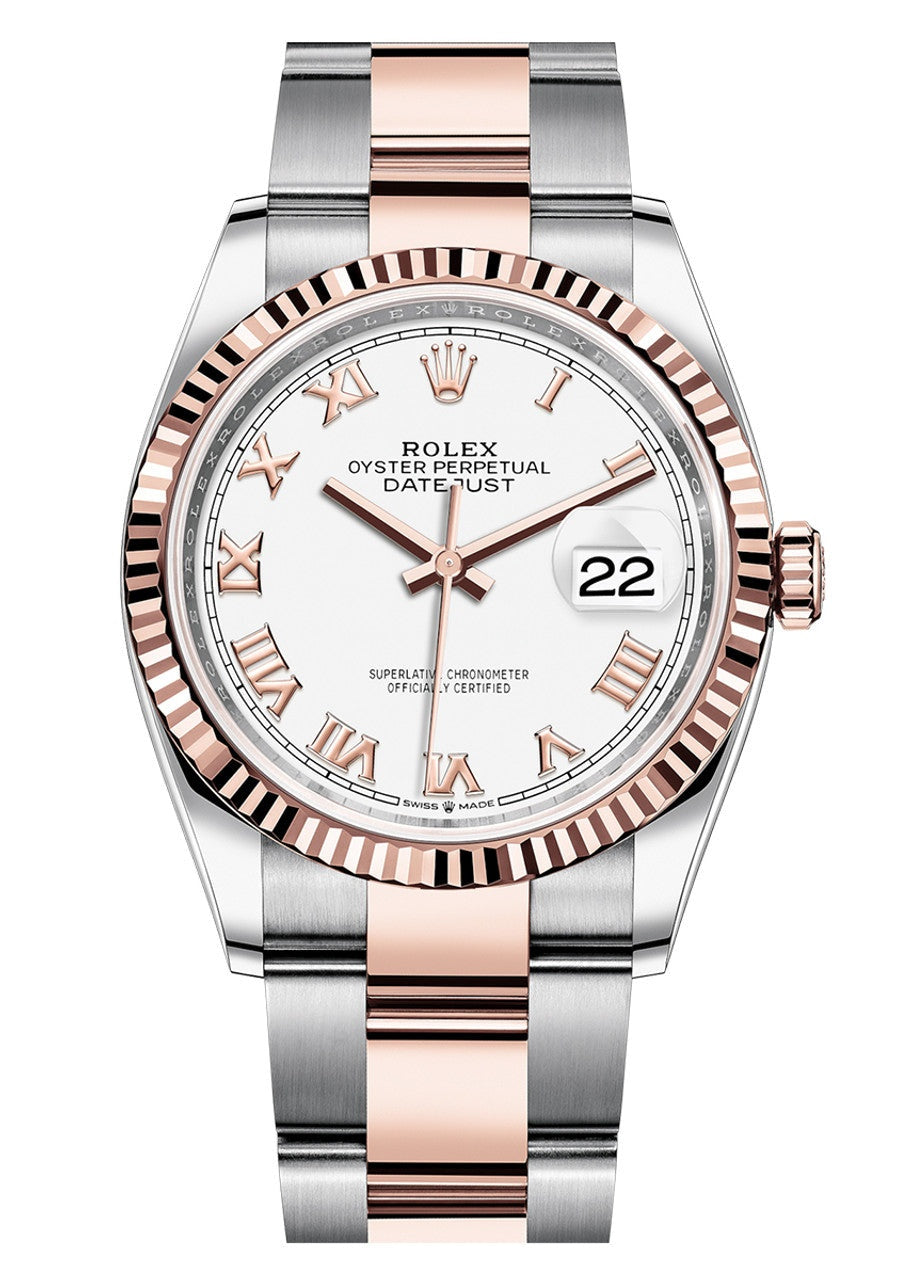 Rolex Datejust 36mm Two-Tone Everose Gold White Roman Dial Fluted Bezel Oyster