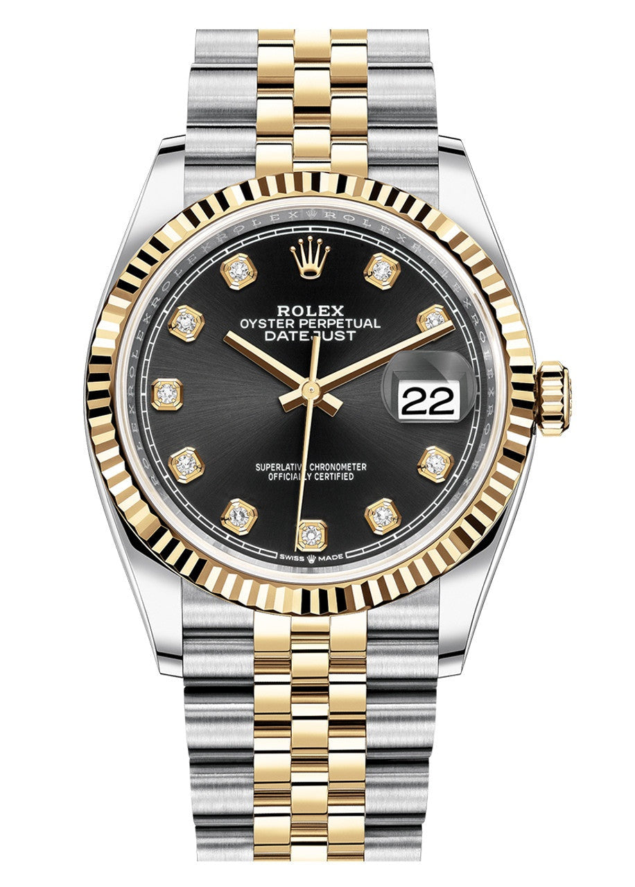 Rolex Datejust 36mm Two-Tone Yellow Gold Black Diamond Dial Fluted Bezel