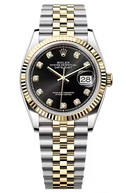 Rolex Datejust 36mm Two-Tone Yellow Gold Black Diamond Dial Fluted Bezel
