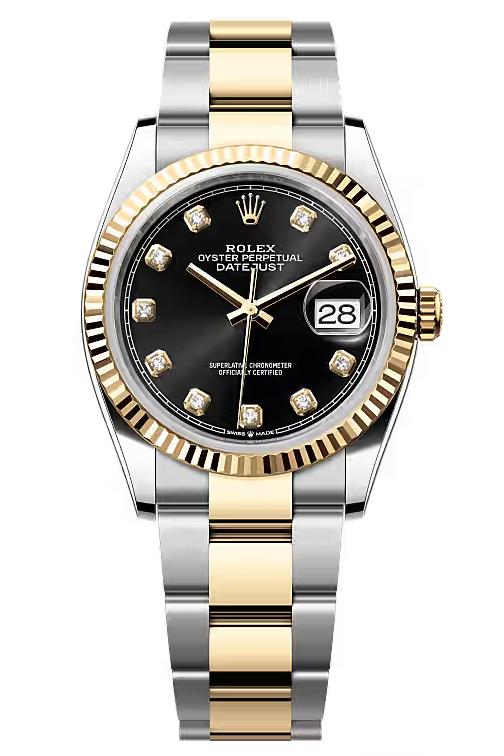 Rolex Datejust 36mm Two-Tone Yellow Gold Black Diamond Dial Fluted Bezel Oyster