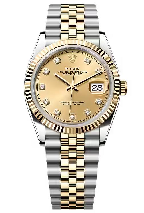 Rolex Datejust 36mm Two-Tone Yellow Gold Champagne Diamond Dial Fluted Bezel