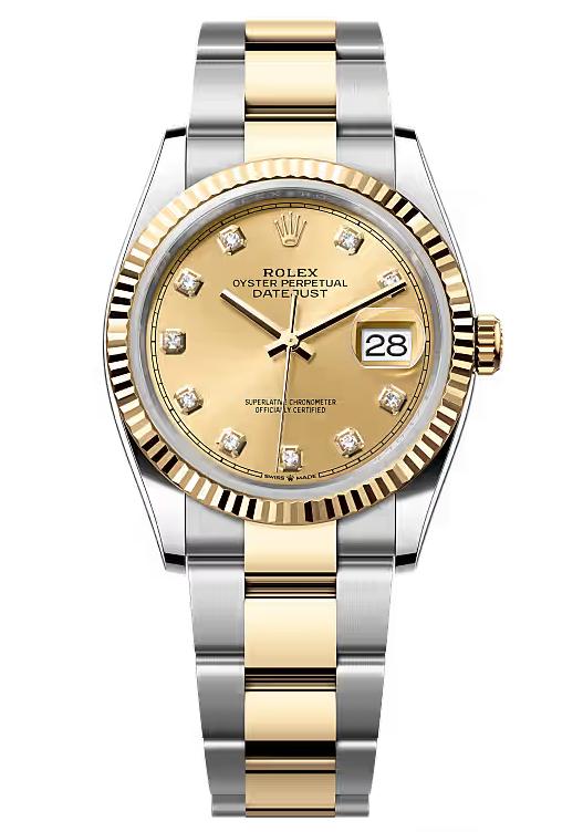 Rolex Datejust 36mm Two-Tone Yellow Gold Champagne Diamond Dial Fluted Bezel