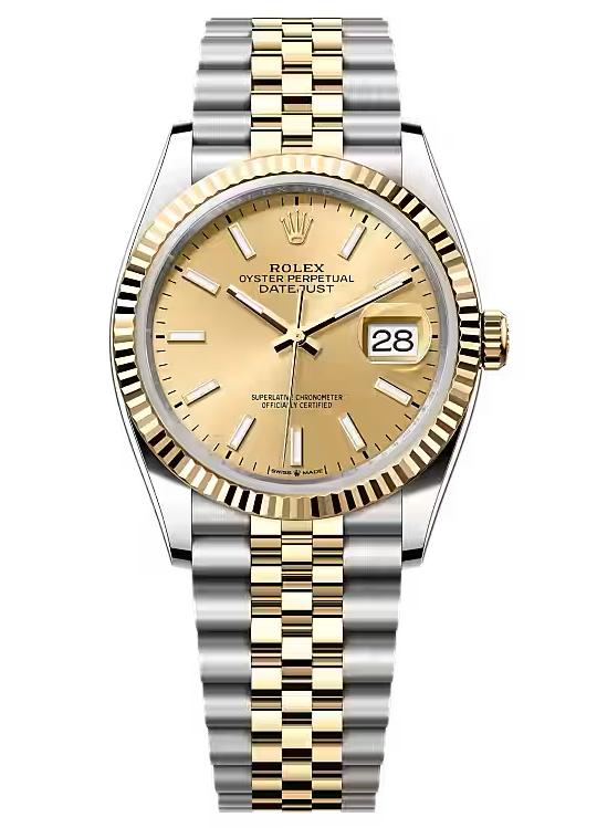 Rolex Datejust 36mm Two-Tone Yellow Gold Champagne Index Dial Fluted Bezel