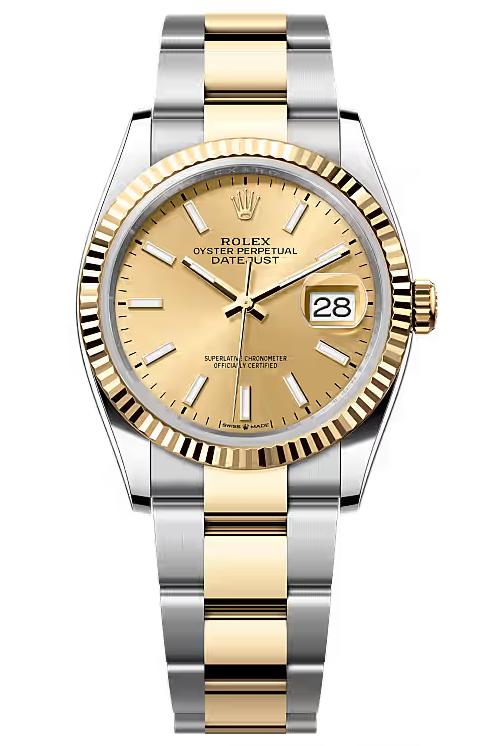 Rolex Datejust 36mm Two-Tone Yellow Gold Champagne Index Dial Fluted Bezel