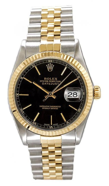 Rolex Datejust 36mm Two-Tone Yellow Gold Fluted Bezel Black Factory Index Dial