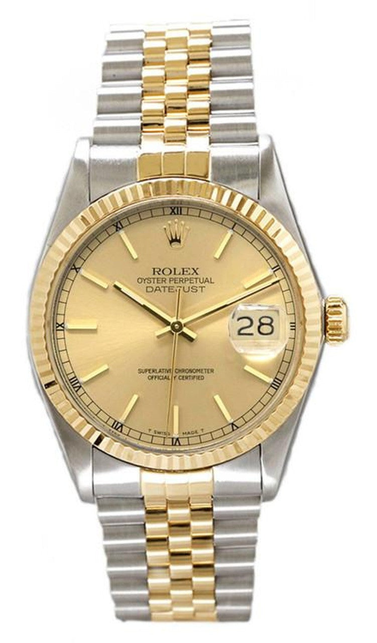 Rolex Datejust 36mm Two-Tone Yellow Gold Fluted Bezel Champagne Index Dial