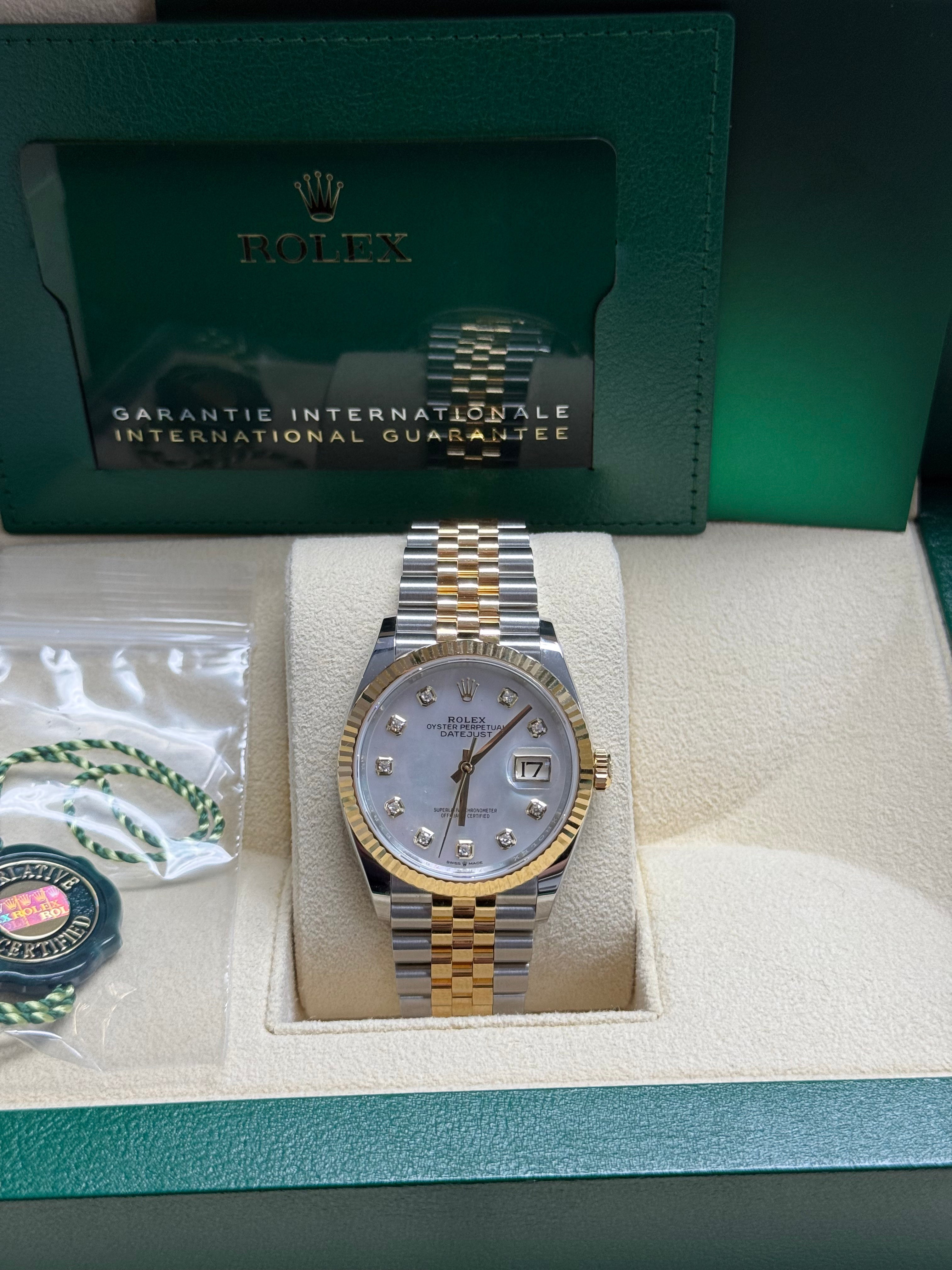 Rolex Datejust 36mm Two-Tone Yellow Gold Mother of Pearl Diamond Dial Fluted