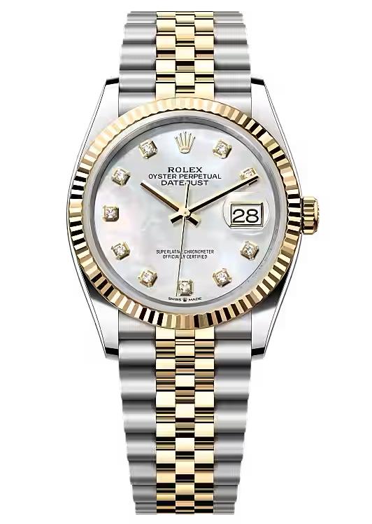 Rolex Datejust 36mm Two-Tone Yellow Gold Mother of Pearl Diamond Dial Fluted
