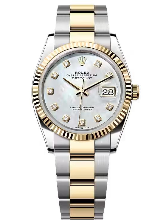 Rolex Datejust 36mm Two-Tone Yellow Gold Mother of Pearl Diamond Dial Fluted