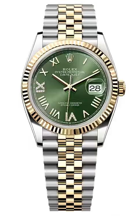 Rolex Datejust 36mm Two-Tone Yellow Gold Olive Roman Diamond Dial Fluted Bezel