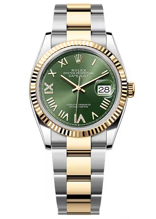 Rolex Datejust 36mm Two-Tone Yellow Gold Olive Roman Diamond Dial Fluted Bezel
