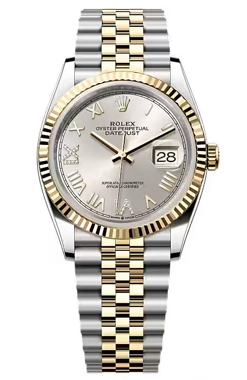 Rolex Datejust 36mm Two-Tone Yellow Gold Silver Roman Diamond Dial Fluted Bezel