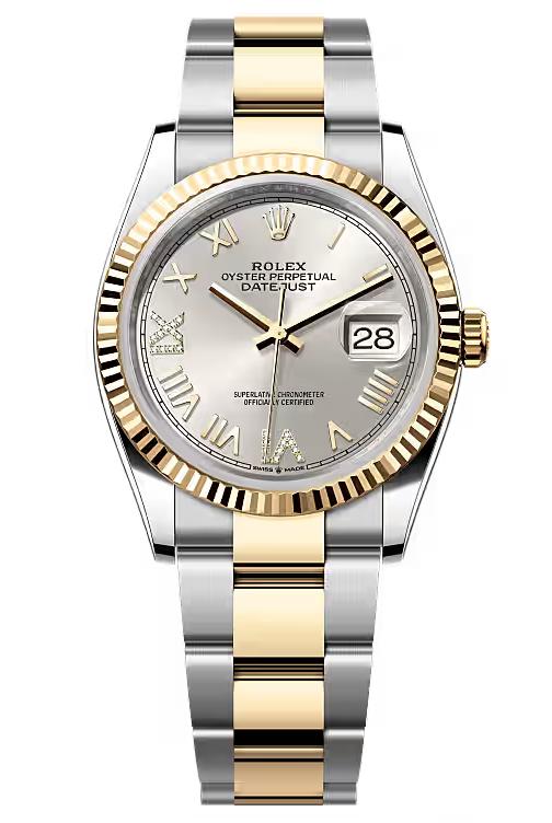 Rolex Datejust 36mm Two-Tone Yellow Gold Silver Roman Diamond Dial Fluted Bezel