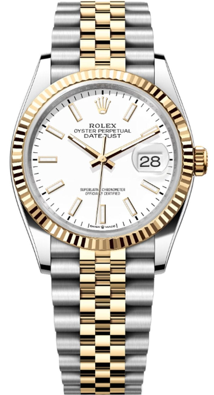 Rolex Datejust 36mm Two-Tone Yellow Gold White Index Dial Fluted Bezel Jubilee