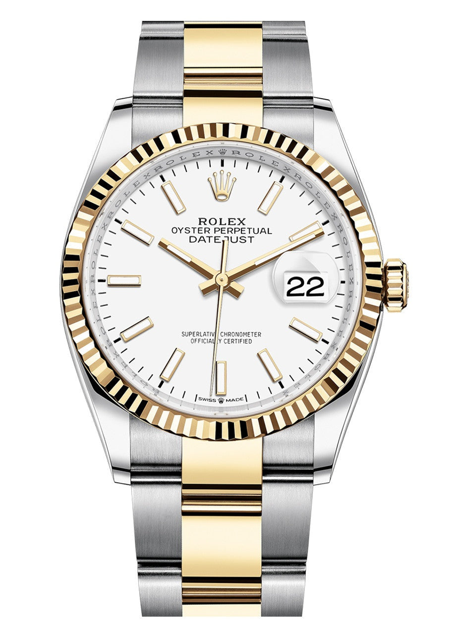 Rolex Datejust 36mm Two-Tone Yellow Gold White Index Dial Fluted Bezel Oyster