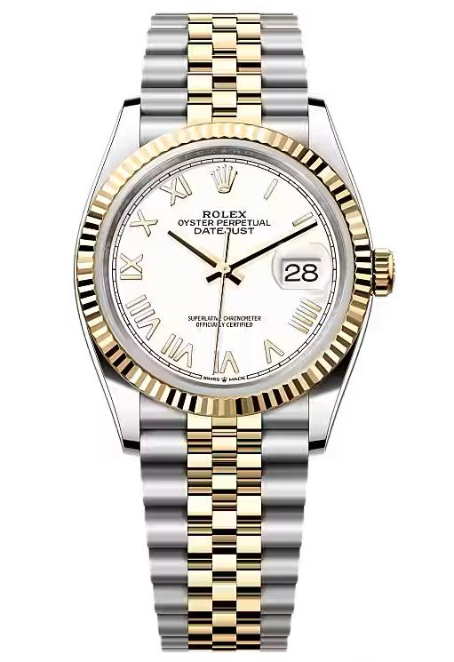 Rolex Datejust 36mm Two-Tone Yellow Gold White Roman Dial Fluted Bezel Jubilee