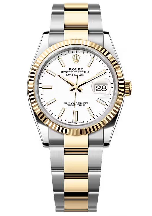 Rolex Datejust 36mm Two-Tone Yellow Gold White Index Dial Fluted Bezel Oyster
