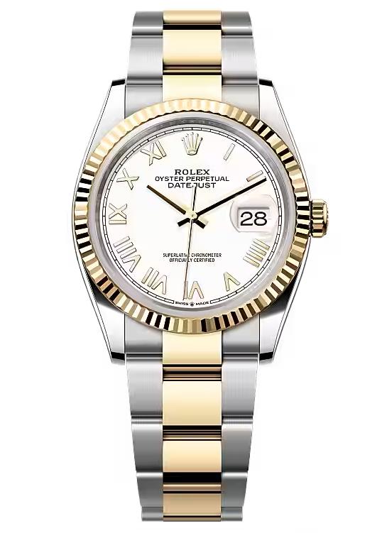 Rolex Datejust 36mm Two-Tone Yellow Gold White Roman Dial Fluted Bezel Oyster