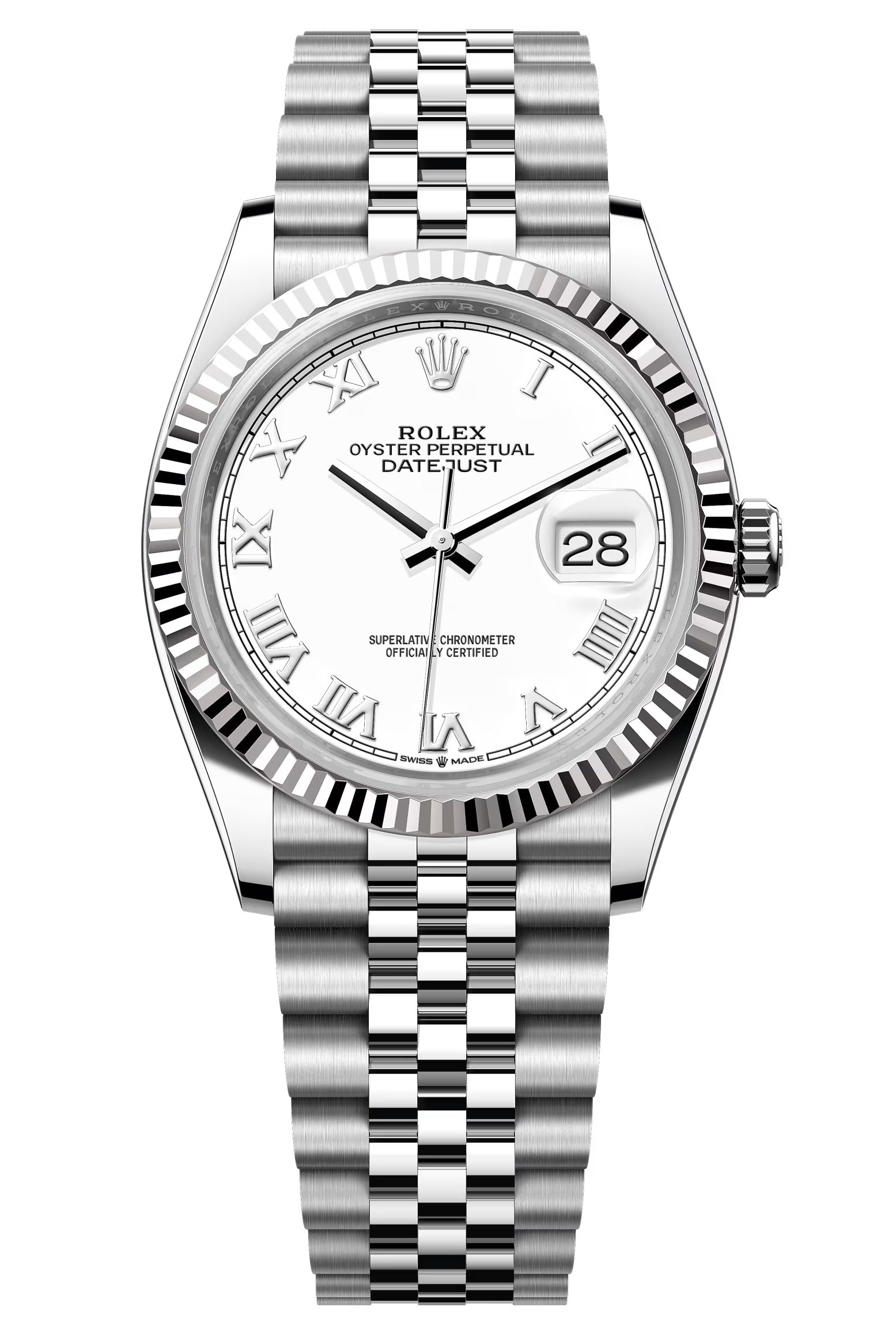 Rolex Datejust 36mm White Roman Dial Fluted Bezel Jubilee Bracelet 126234