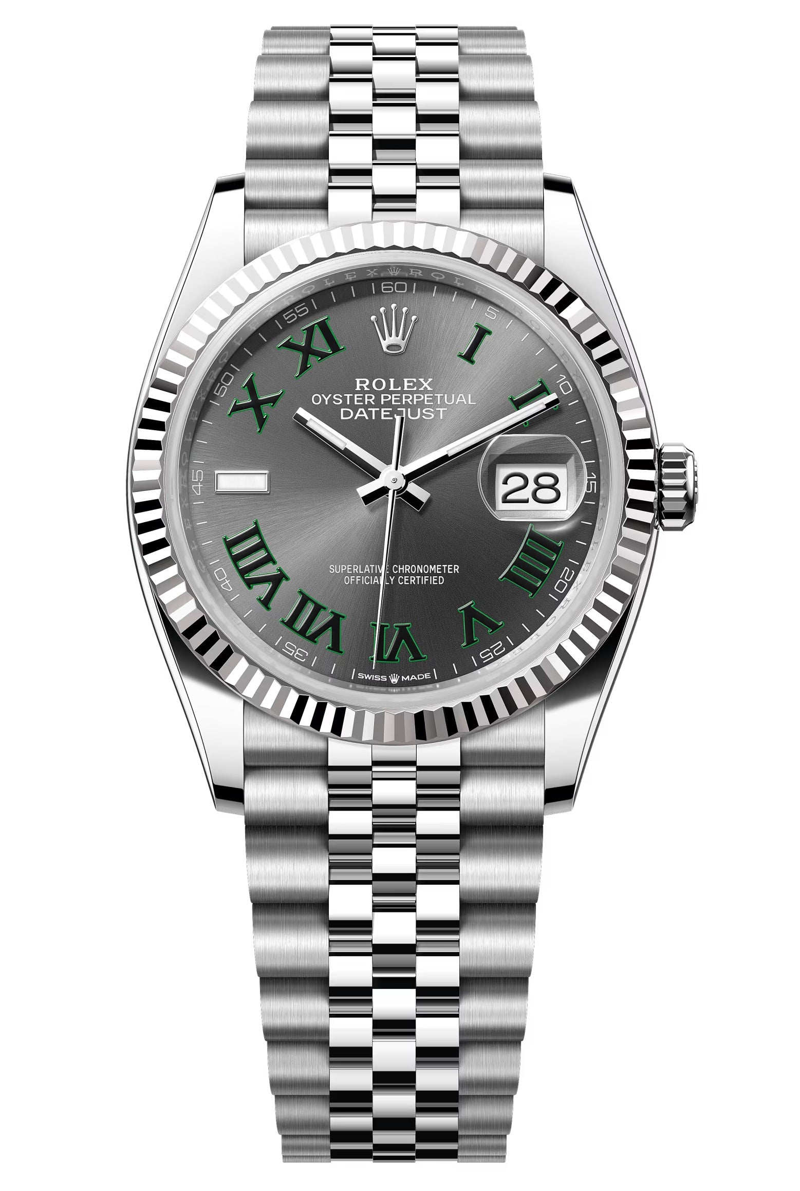 Rolex Datejust 36mm "Wimbledon" Roman Dial Fluted Bezel Jubilee Bracelet 126234