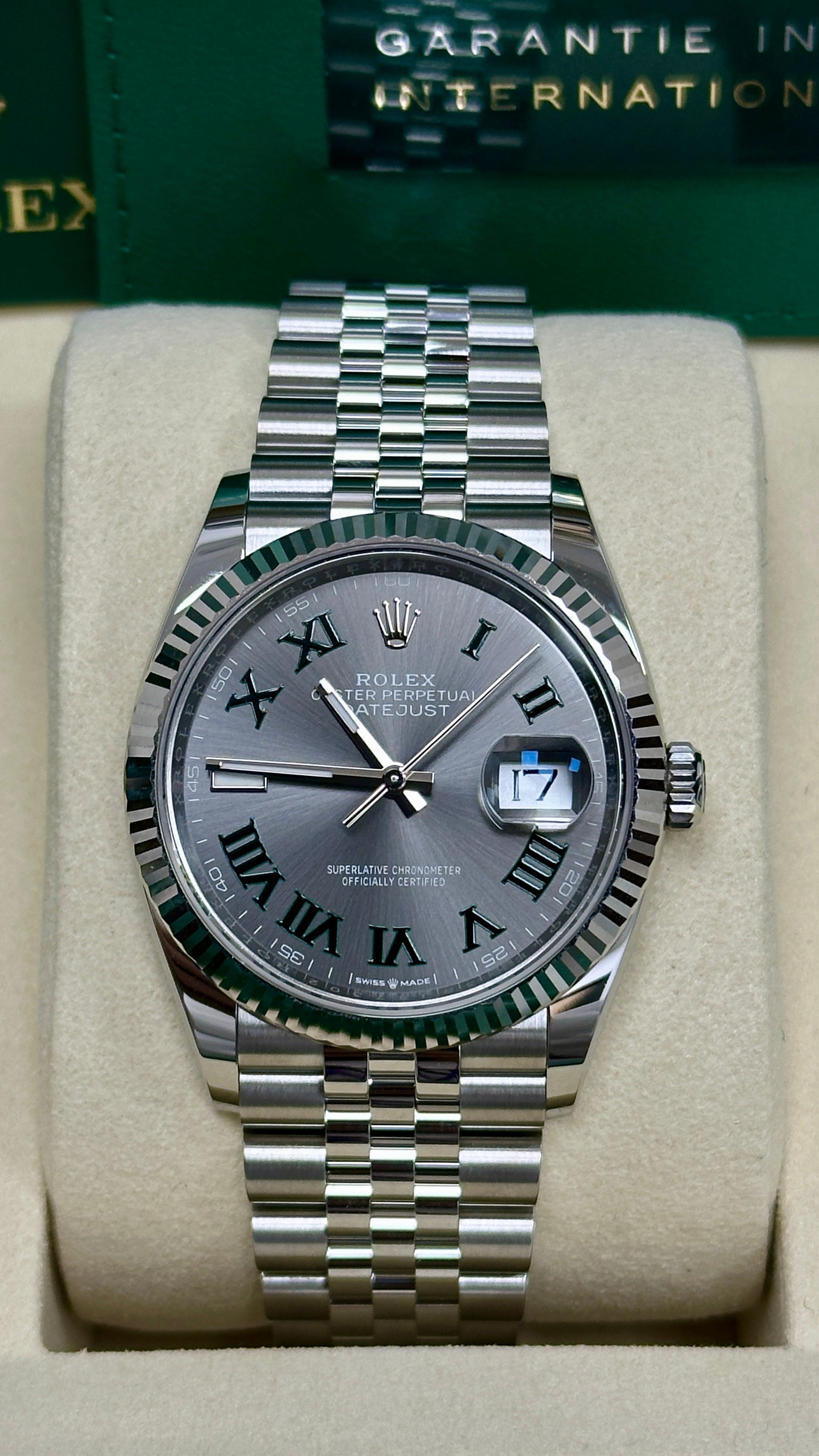 Rolex Datejust 36mm "Wimbledon" Roman Dial Fluted Bezel Jubilee Bracelet 126234