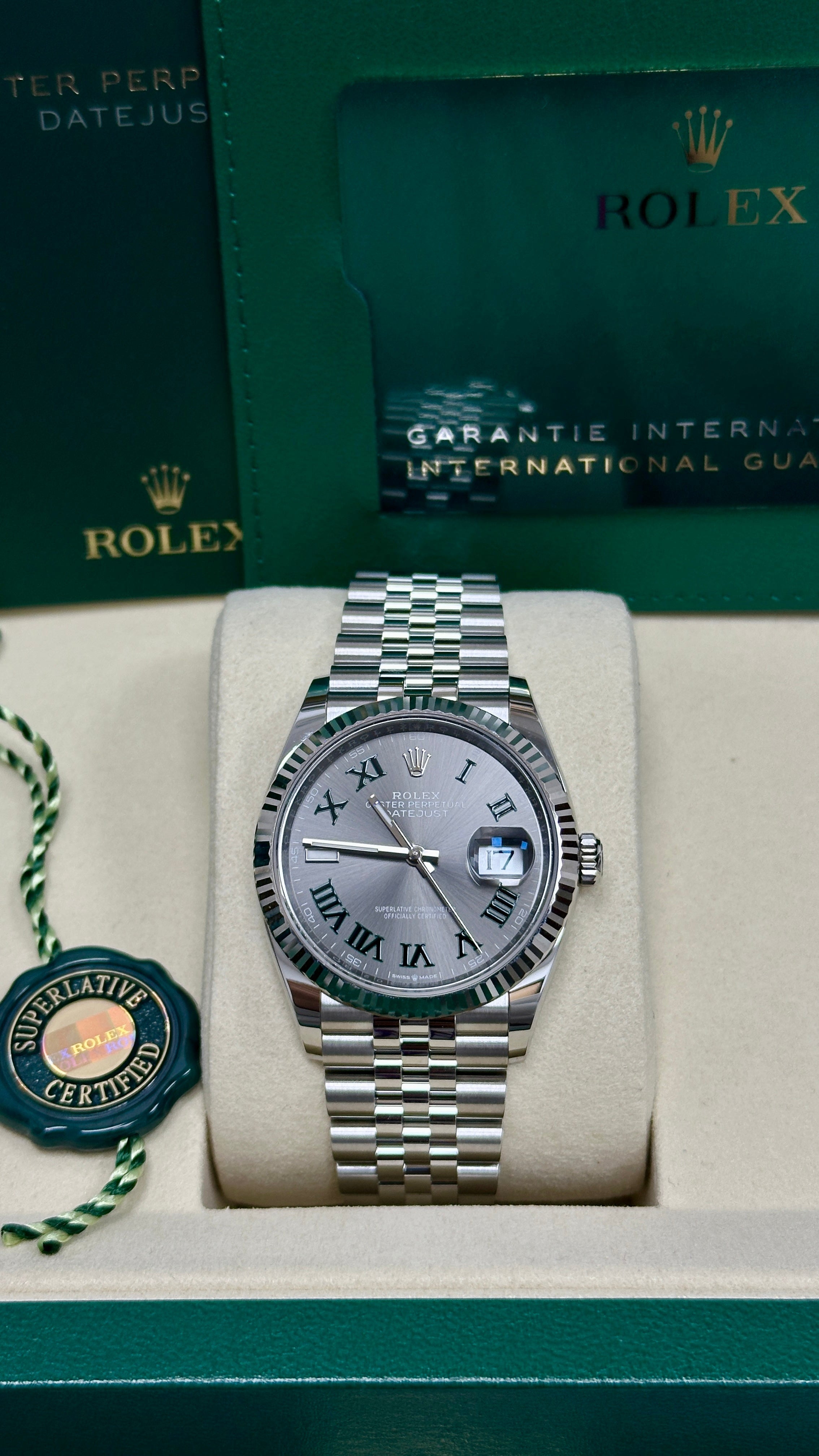 Rolex Datejust 36mm "Wimbledon" Roman Dial Fluted Bezel Jubilee Bracelet 126234