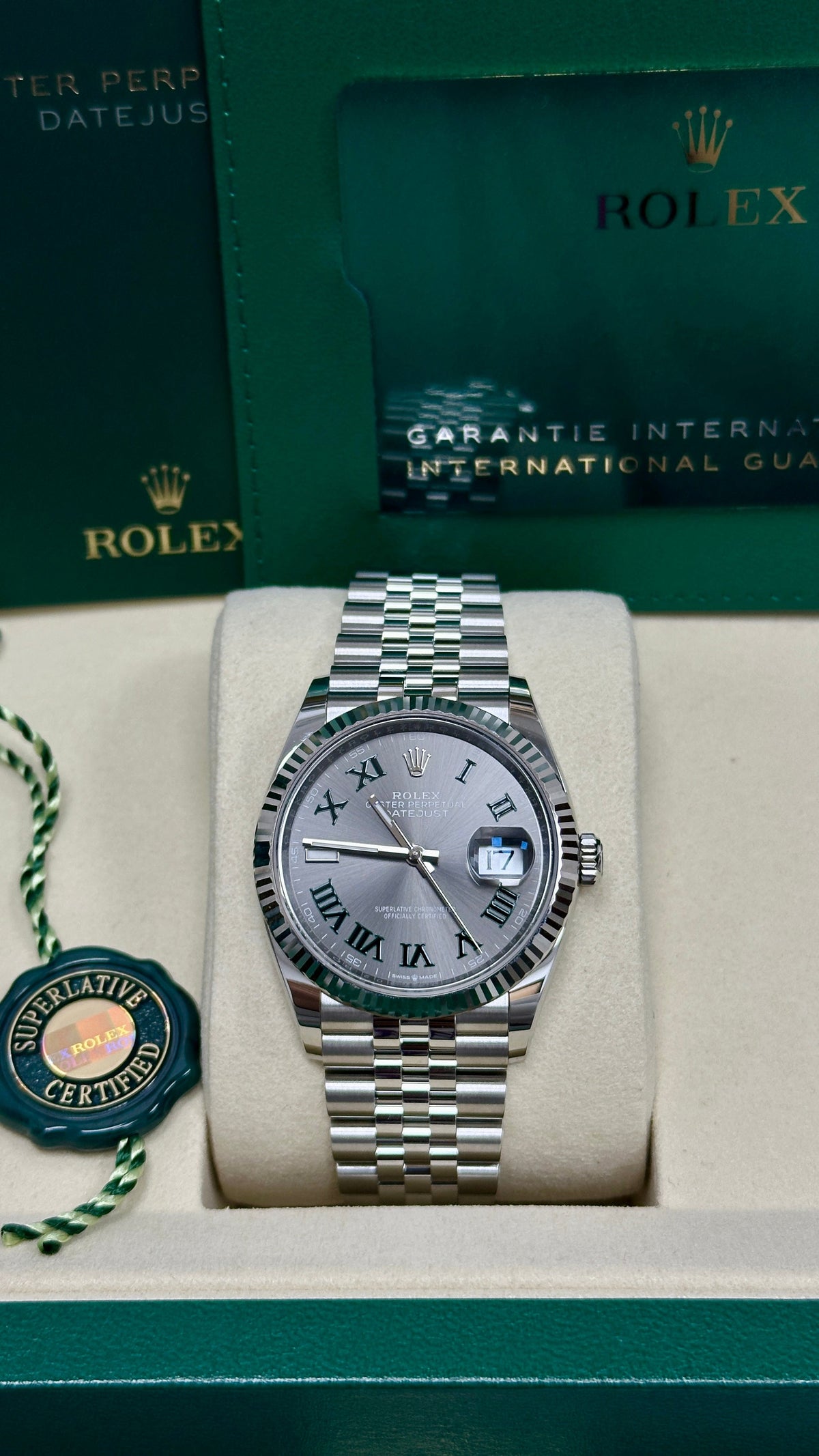 Rolex Datejust 36mm "Wimbledon" Roman Dial Fluted Bezel Jubilee Bracelet 126234