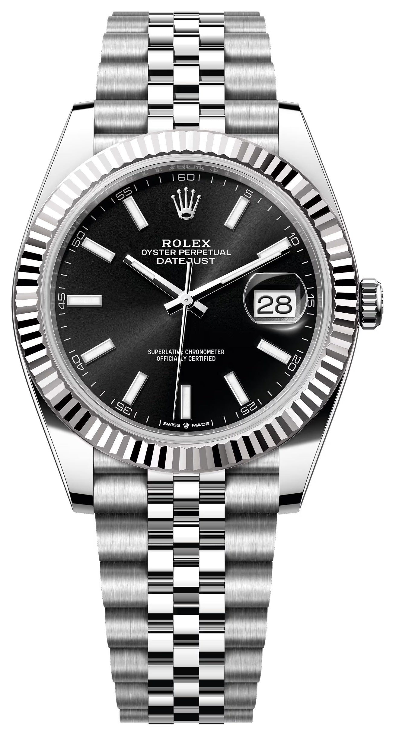 Rolex Datejust 41mm Black Index Dial Fluted Bezel Jubilee Bracelet 126334 – New