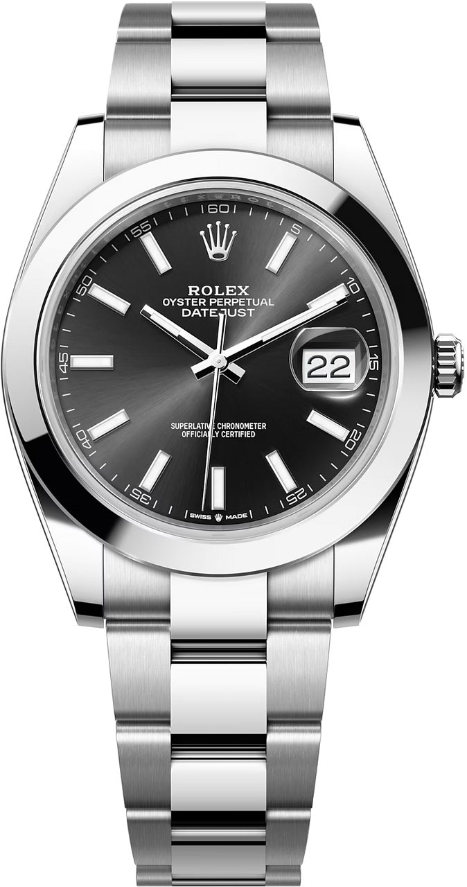 Rolex Datejust 41mm Black Index Dial Smooth Bezel Oyster Bracelet 126300 – New