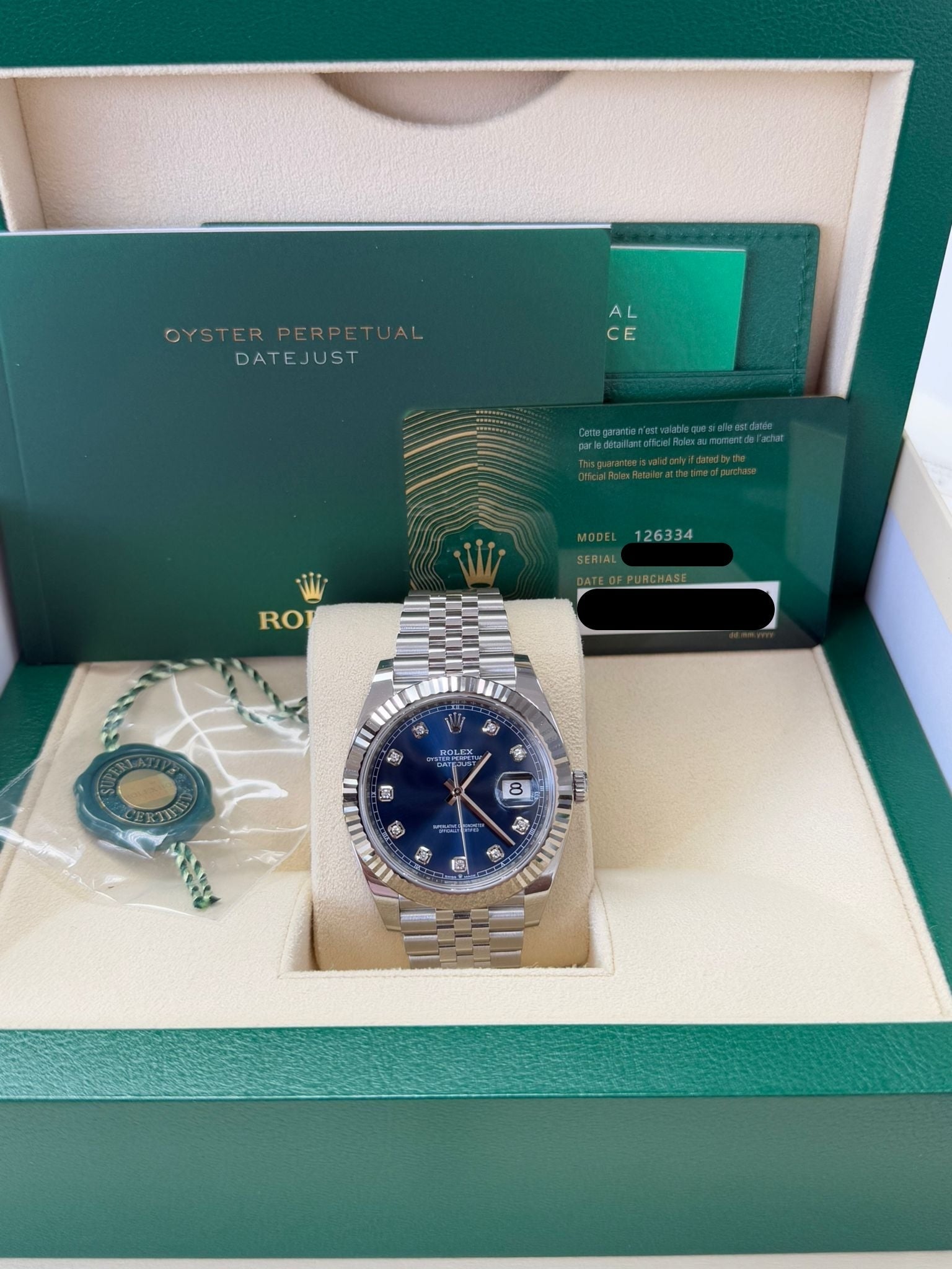 Rolex Datejust 41mm Blue Diamond Dial Fluted Bezel Jubilee Bracelet 126334