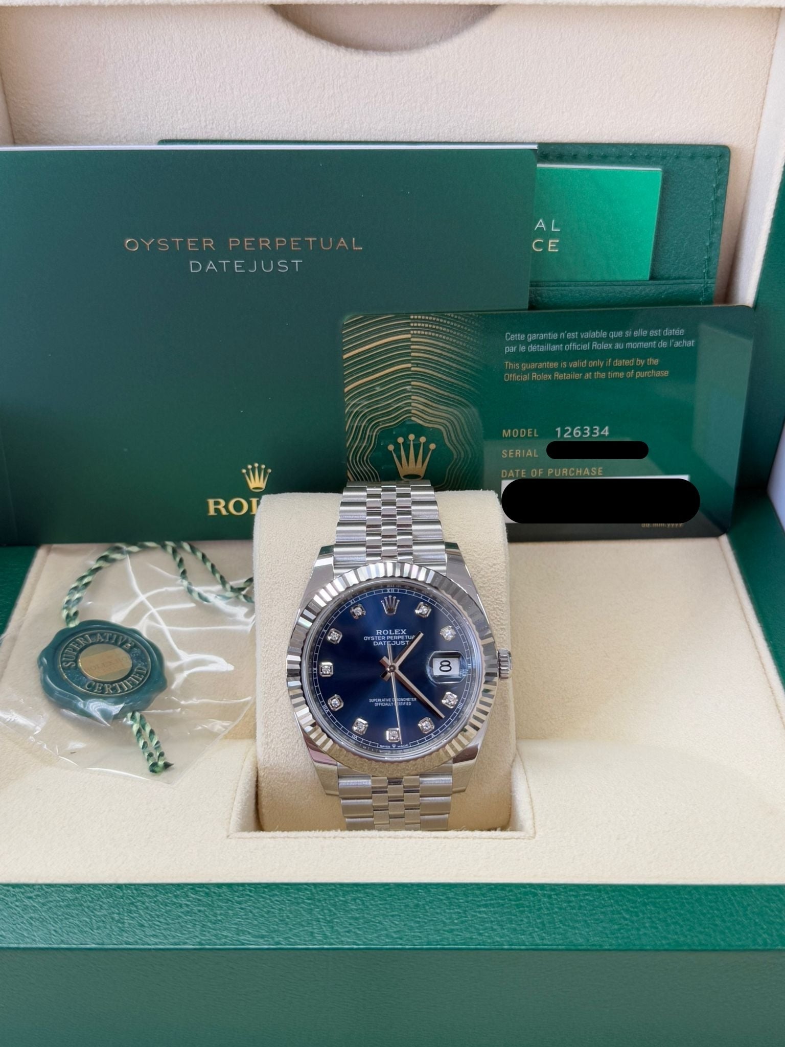 Rolex Datejust 41mm Blue Diamond Dial Fluted Bezel Jubilee Bracelet 126334