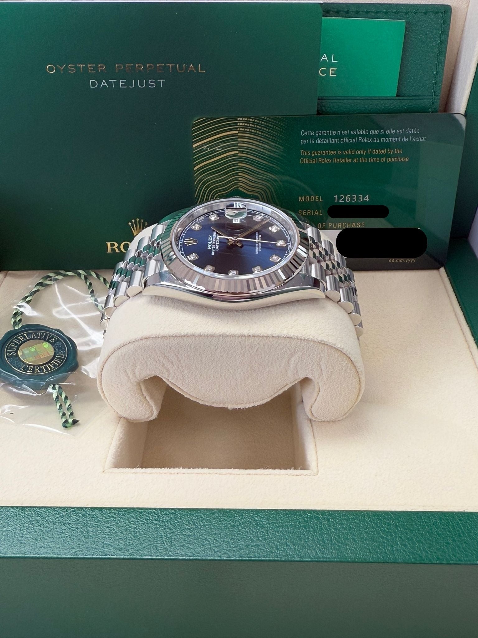 Rolex Datejust 41mm Blue Diamond Dial Fluted Bezel Jubilee Bracelet 126334