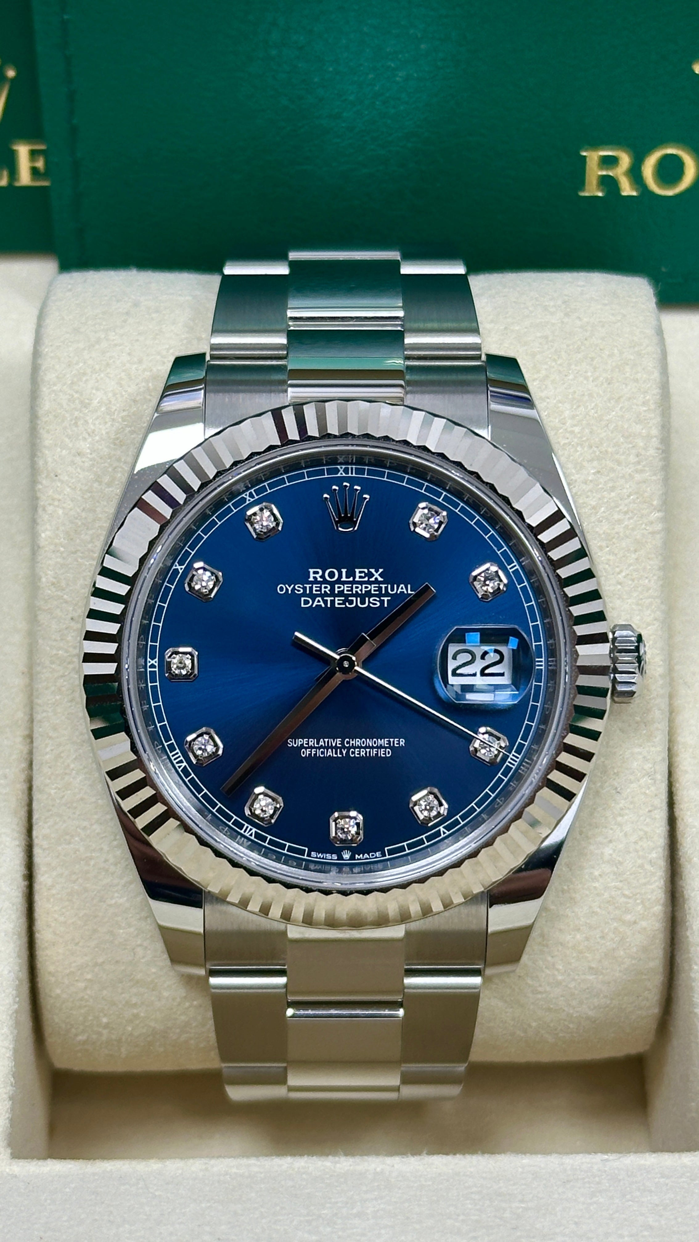 Rolex Datejust 41mm Blue Diamond Dial Fluted Bezel Oyster Bracelet 126334