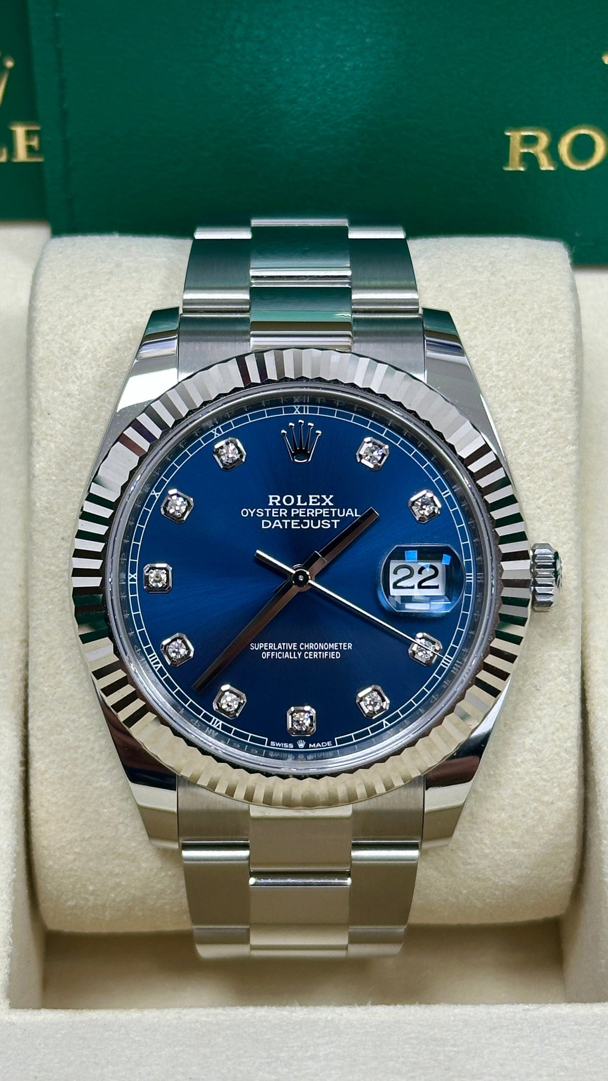 Rolex Datejust 41mm Blue Diamond Dial Fluted Bezel Oyster Bracelet 126334