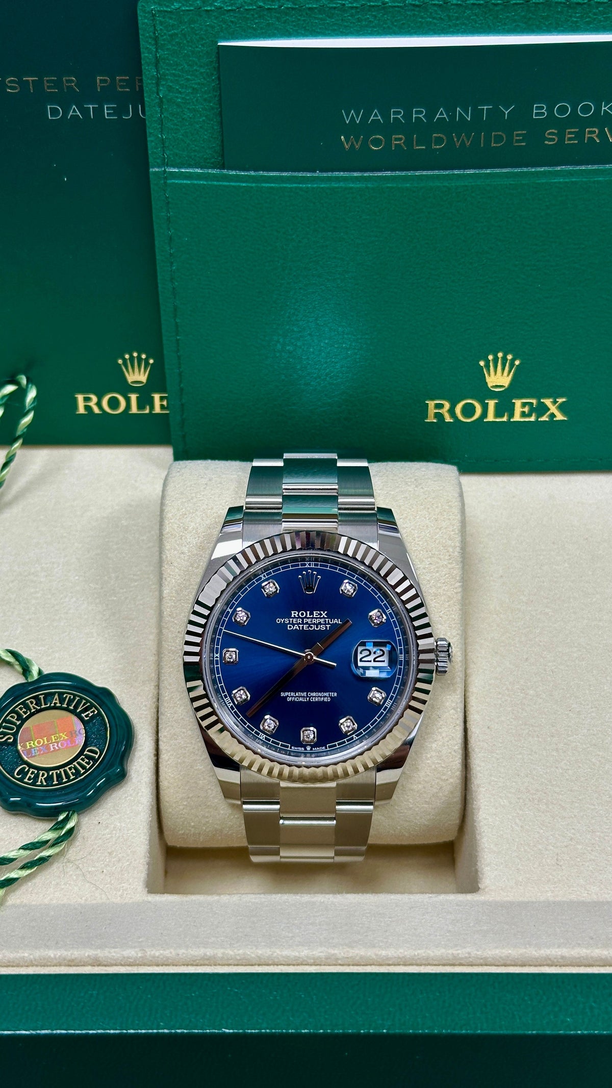 Rolex Datejust 41mm Blue Diamond Dial Fluted Bezel Oyster Bracelet 126334