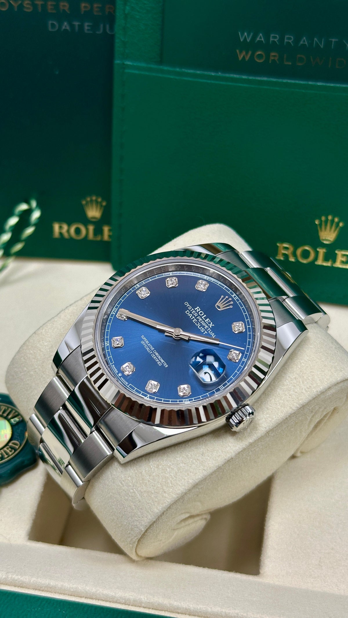 Rolex Datejust 41mm Blue Diamond Dial Fluted Bezel Oyster Bracelet 126334