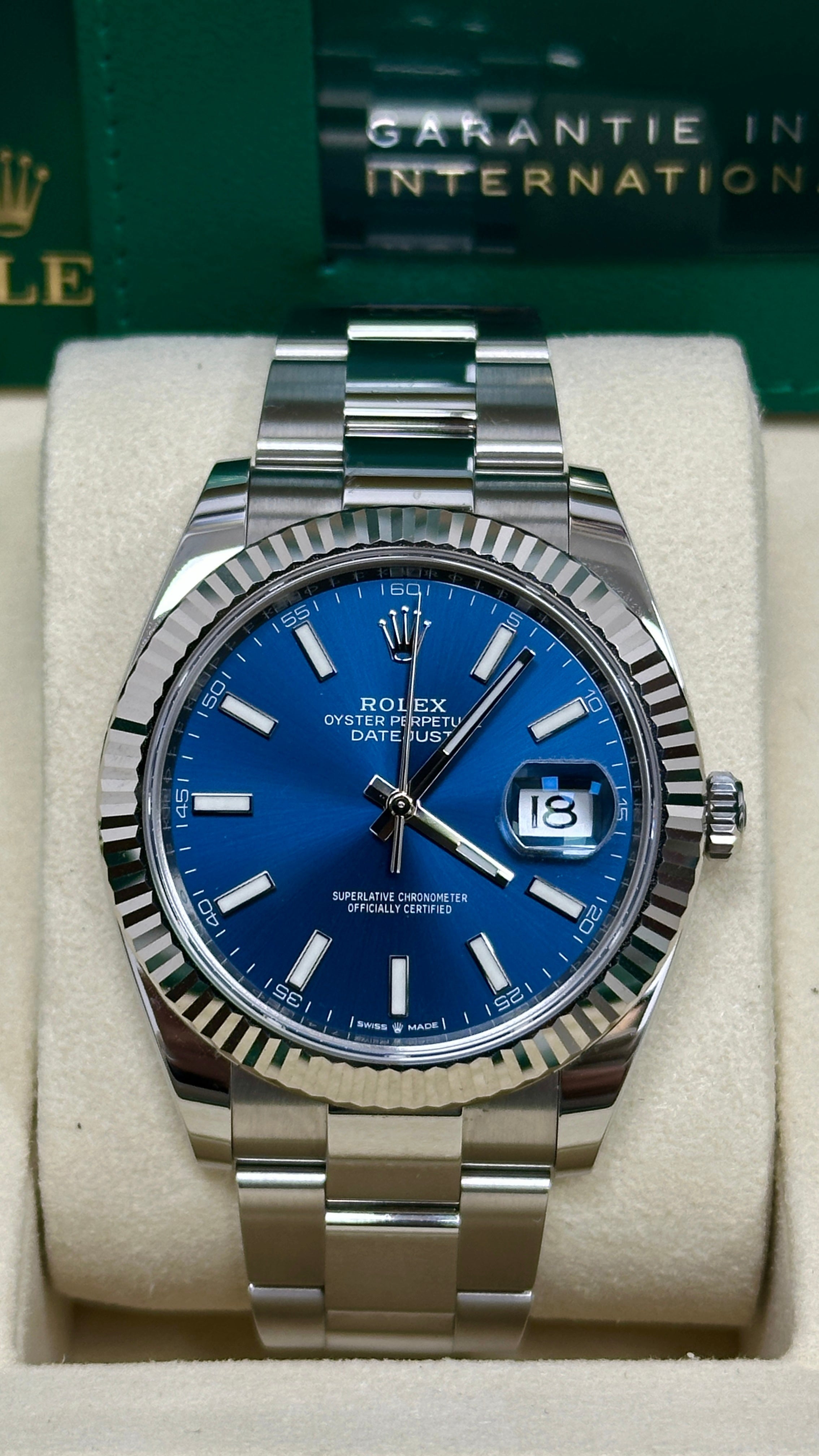 Rolex Datejust 41mm Blue Index Dial Fluted Bezel Oyster Bracelet 126334