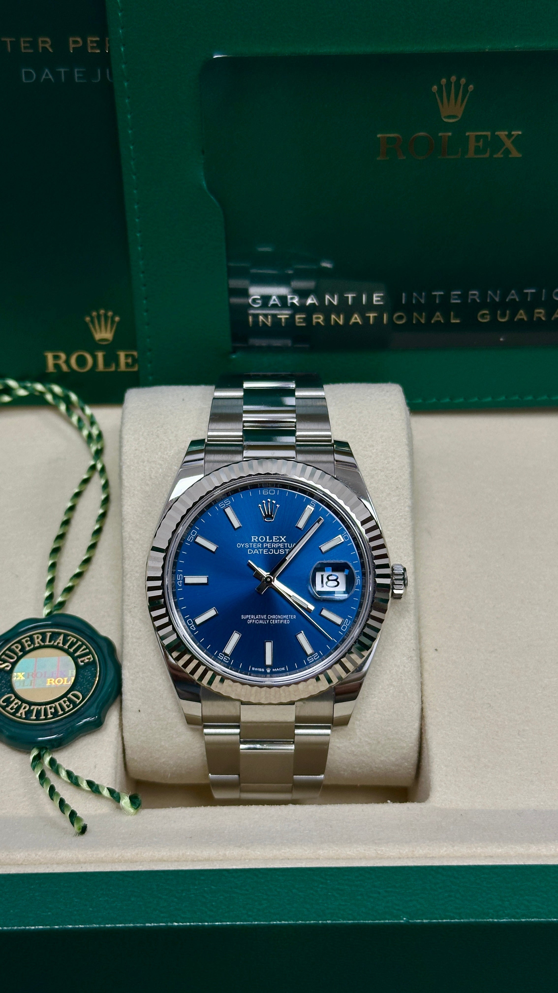 Rolex Datejust 41mm Blue Index Dial Fluted Bezel Oyster Bracelet 126334