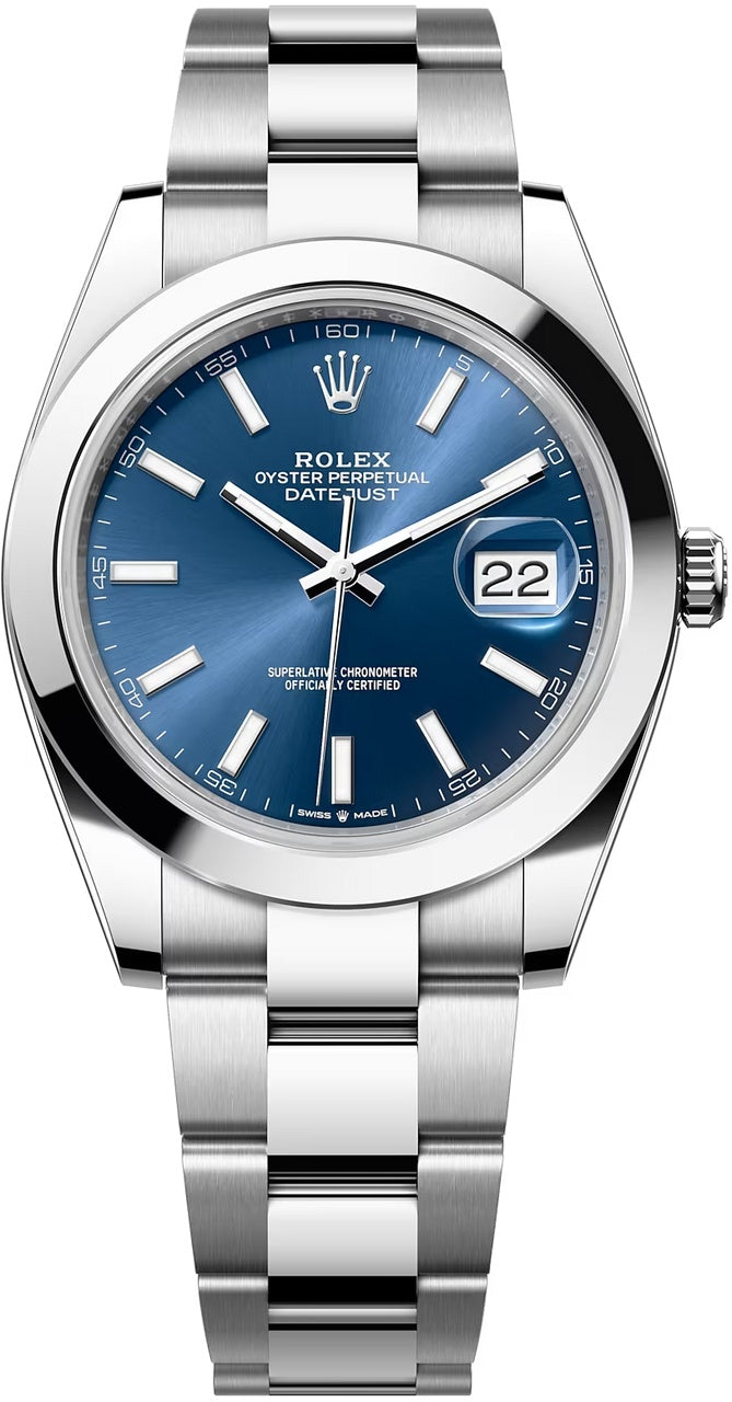 Rolex Datejust 41mm Blue Index Dial Smooth Bezel Oyster Bracelet 126300 – New