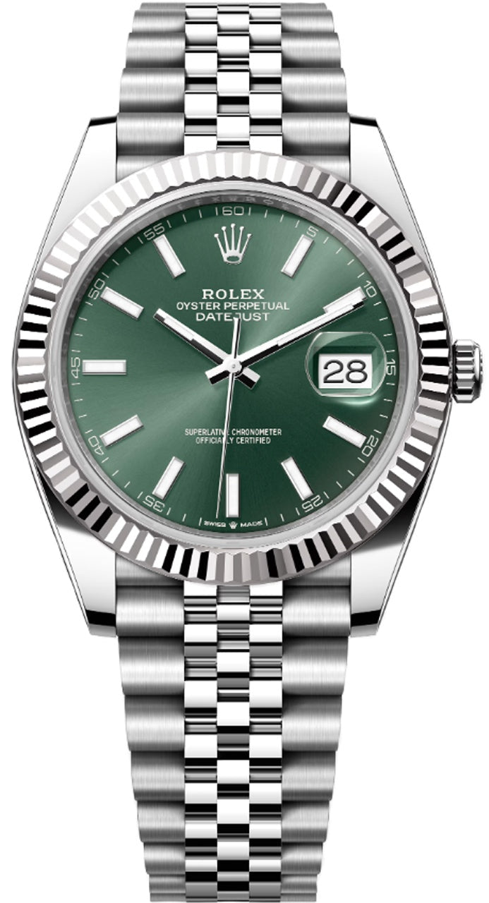 Rolex Datejust 41mm Mint Green Index Dial Fluted Bezel Jubilee Bracelet 126334