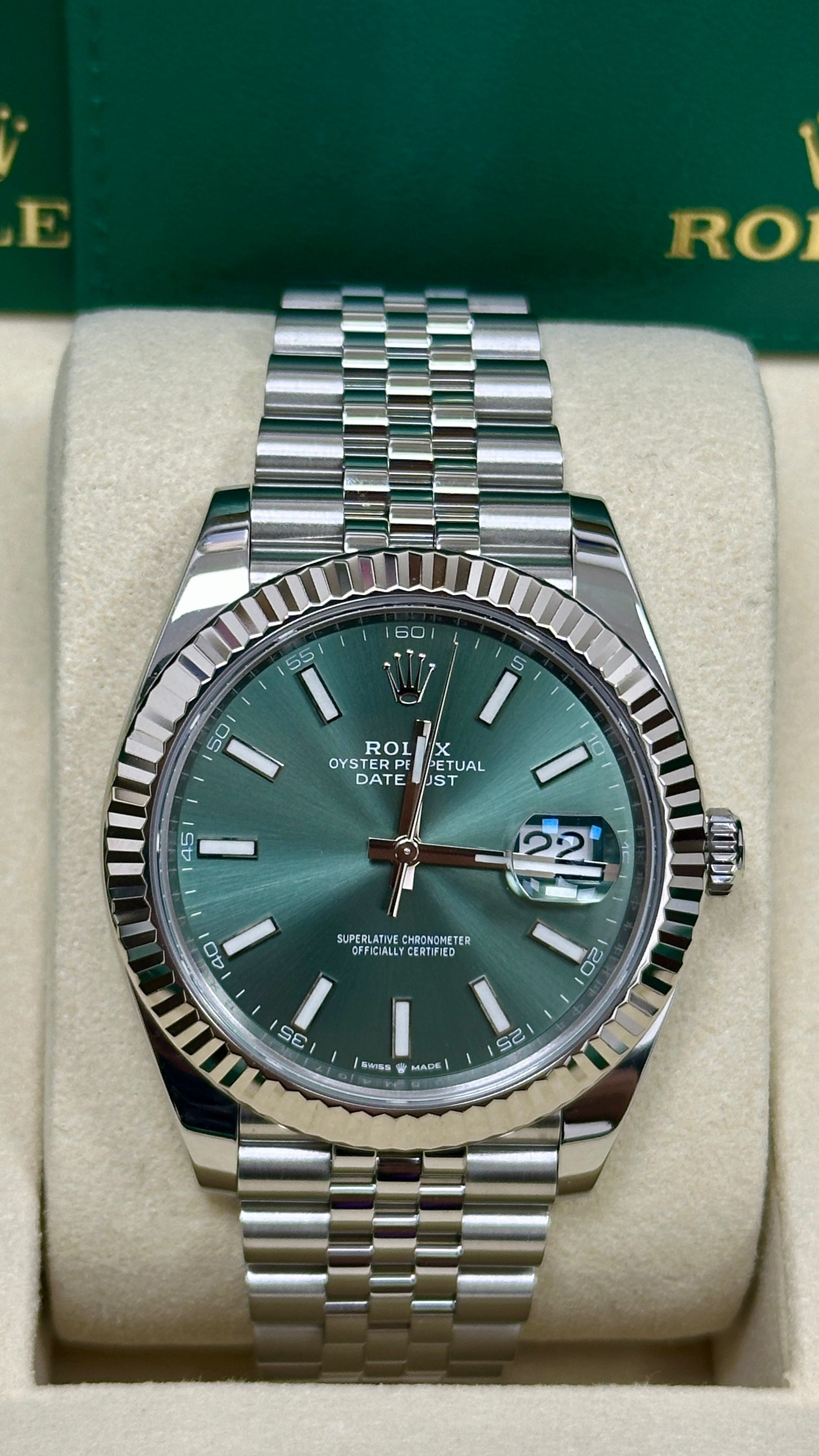 Rolex Datejust 41mm Mint Green Index Dial Fluted Bezel Jubilee Bracelet 126334