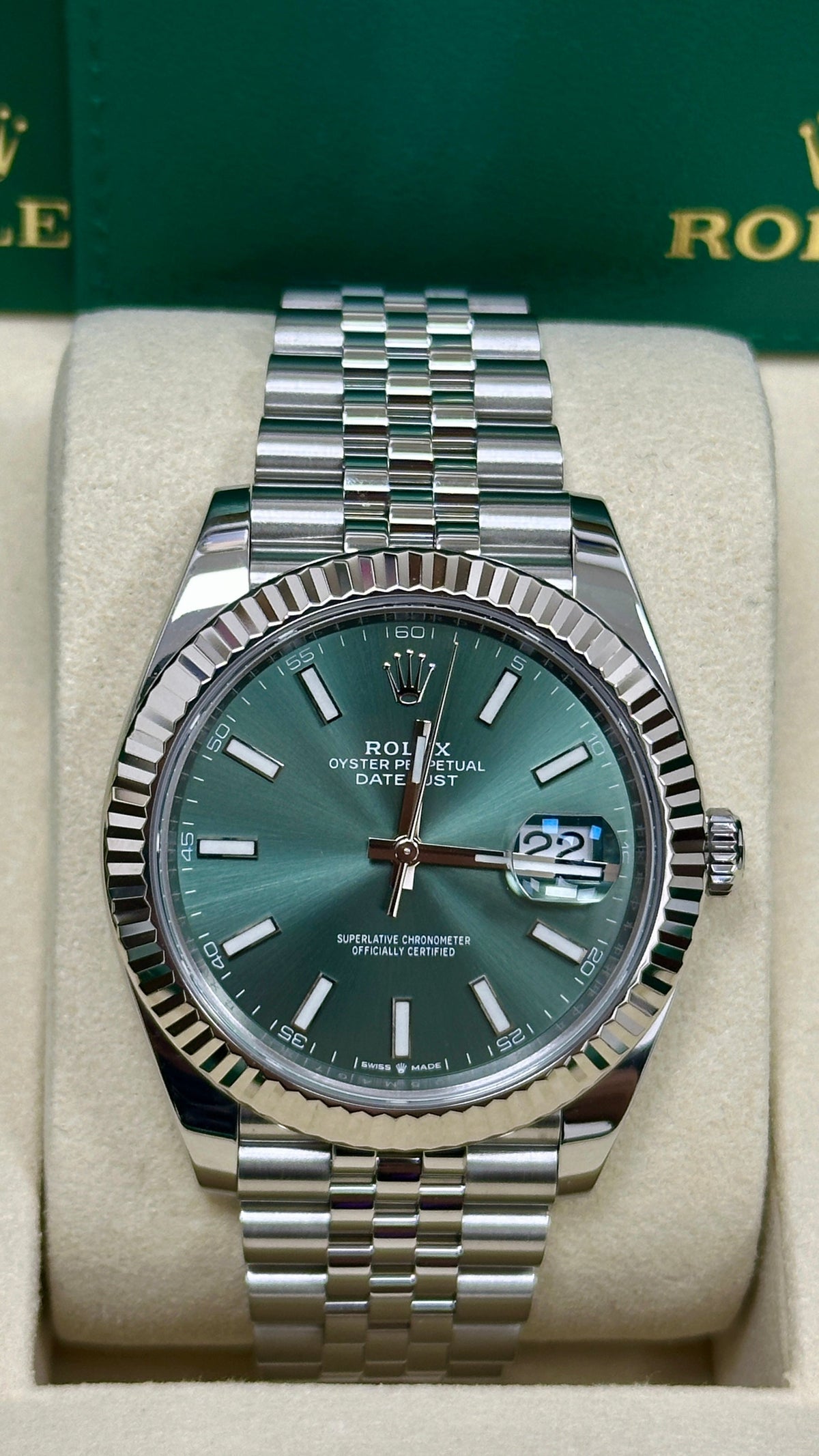 Rolex Datejust 41mm Mint Green Index Dial Fluted Bezel Jubilee Bracelet 126334