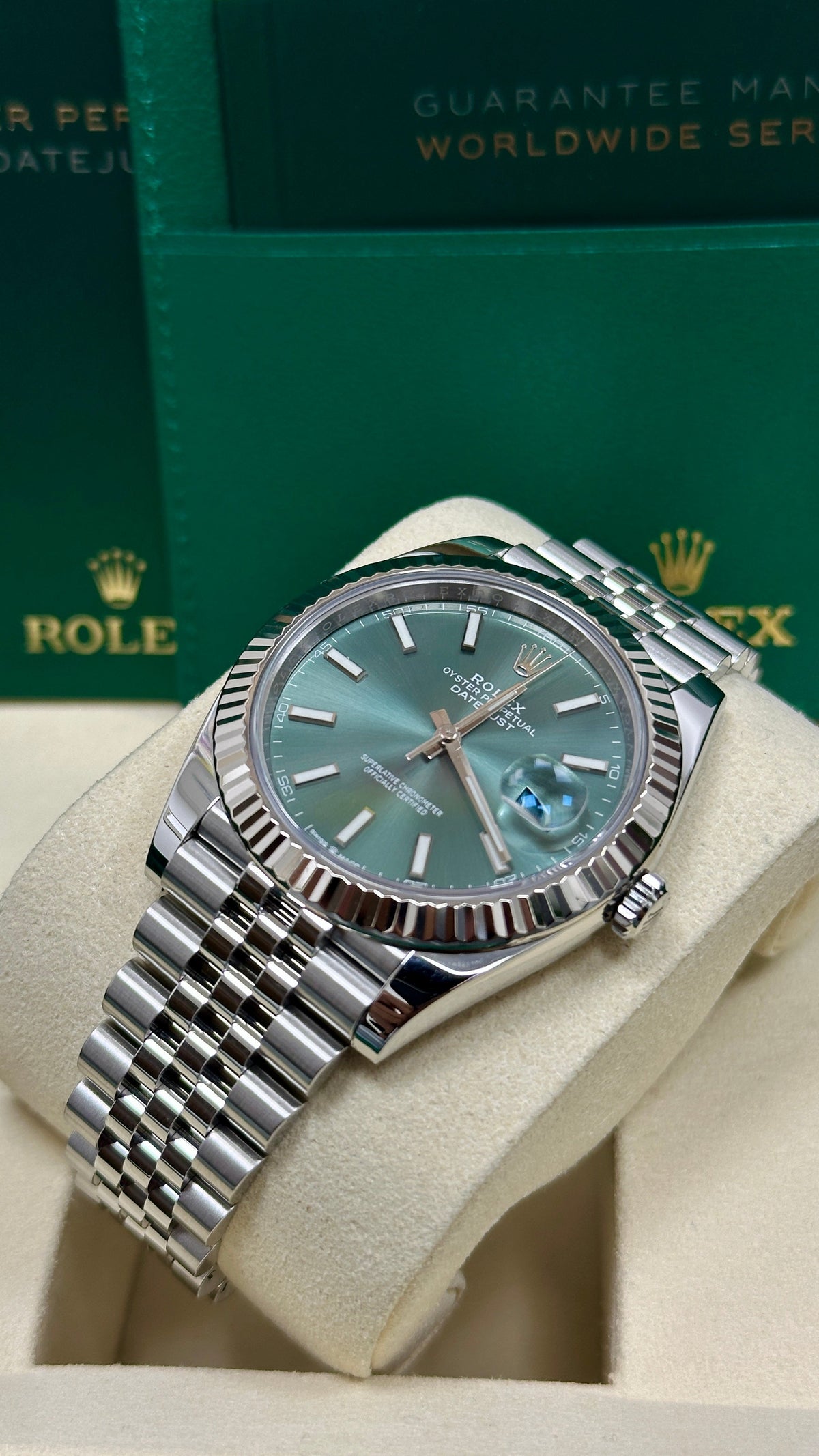Rolex Datejust 41mm Mint Green Index Dial Fluted Bezel Jubilee Bracelet 126334