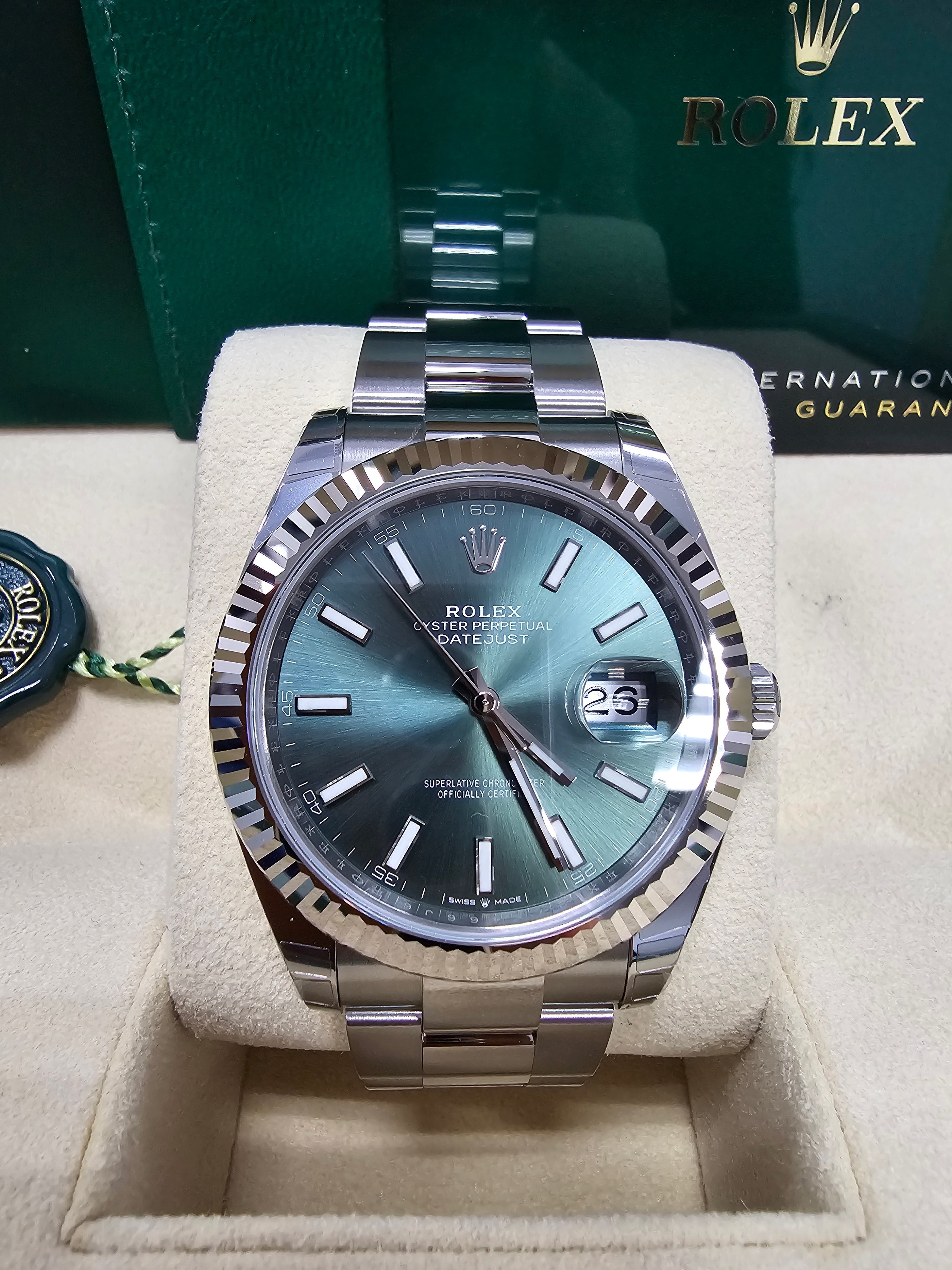 Rolex Datejust 41mm Mint Green Index Dial Fluted Bezel Oyster Bracelet 126334