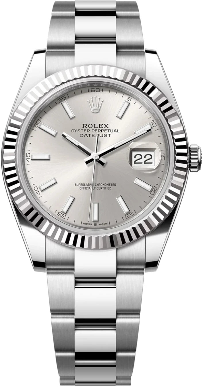 Rolex Datejust 41mm Silver Index Dial Fluted Bezel Oyster Bracelet 126334