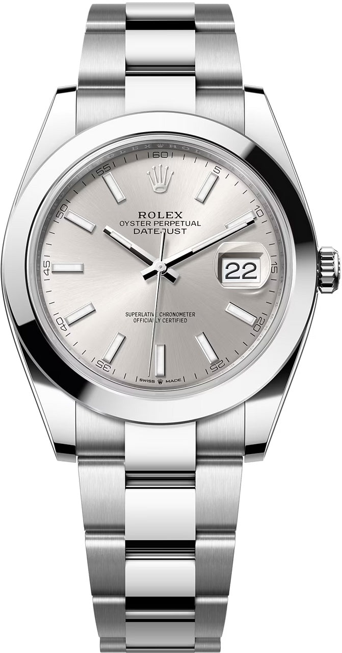 Rolex Datejust 41mm Silver Index Dial Smooth Bezel Oyster Bracelet 126300 – New